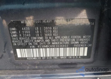 2014 Subaru Legacy 2.5I Premium from USA, damaged, VIN 4S3BMBC69E3036803